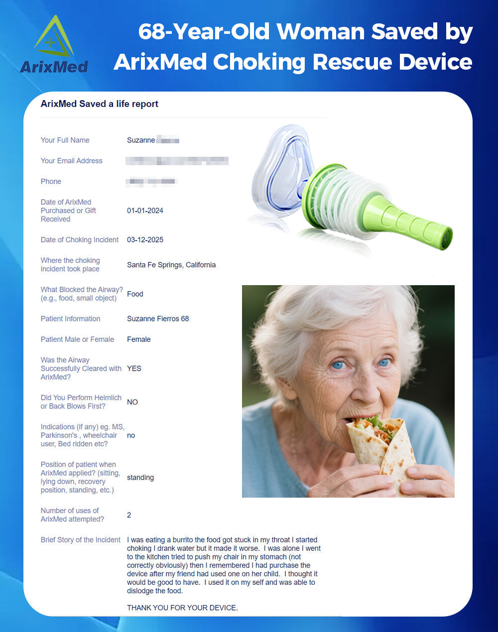 #121 68-Year-Old Woman Saved by ArixMed Choking Rescue Device