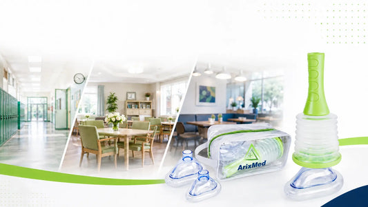 ArixMed choking rescue device kit displayed next to scenes of a school hallway, a care home dining area, and a public restaurant, highlighting institutional emergency preparedness.