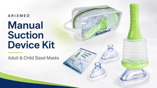 ArixMed manual suction anti-choking device full kit display, includes adult mask, child mask, portable transparent storage bag, operation instruction manual, home emergency choking rescue tool for kids and adults